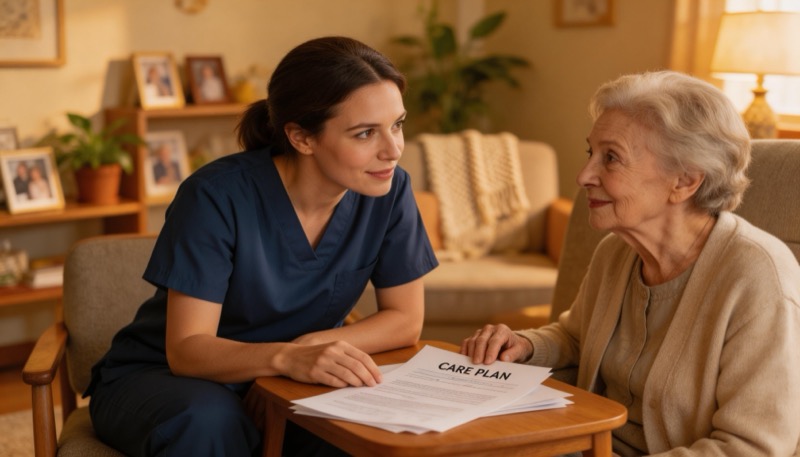 Aged care worker reviewing care plan with resident