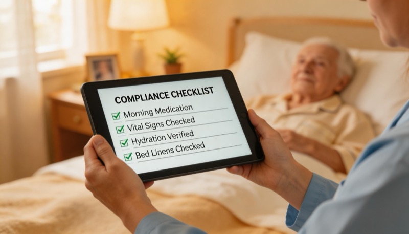 Hands holding tablet with compliance assessment checklist