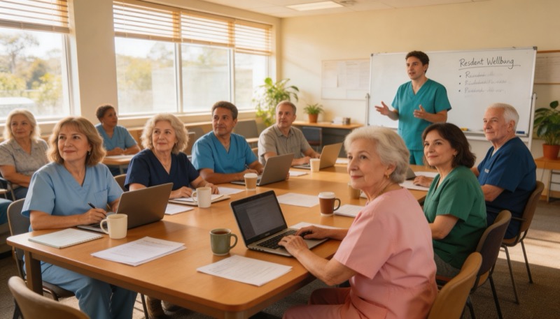 Diverse aged care staff in training session