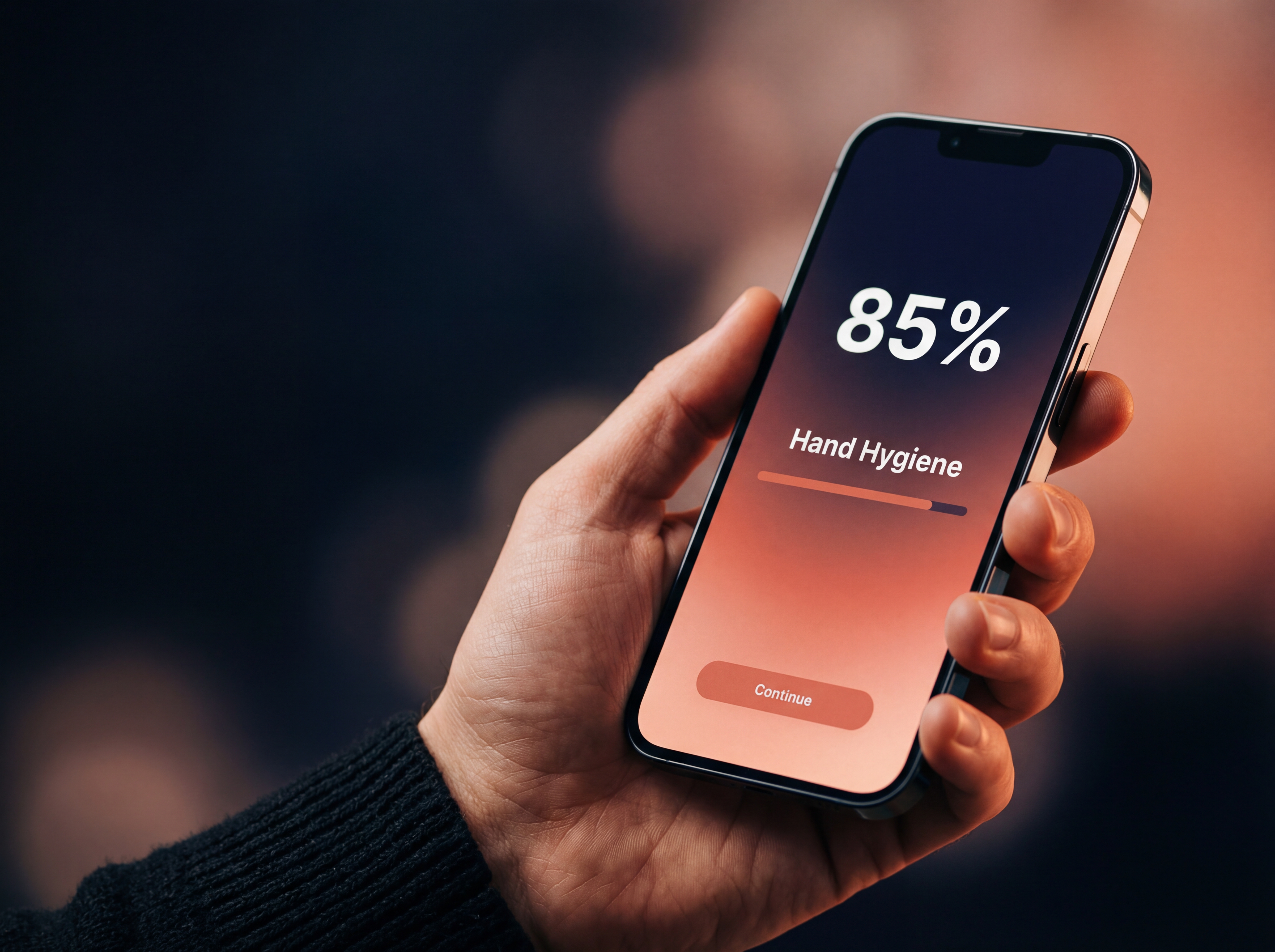 Hand holding smartphone displaying a mobile learning module for Hand Hygiene training at 85% completion