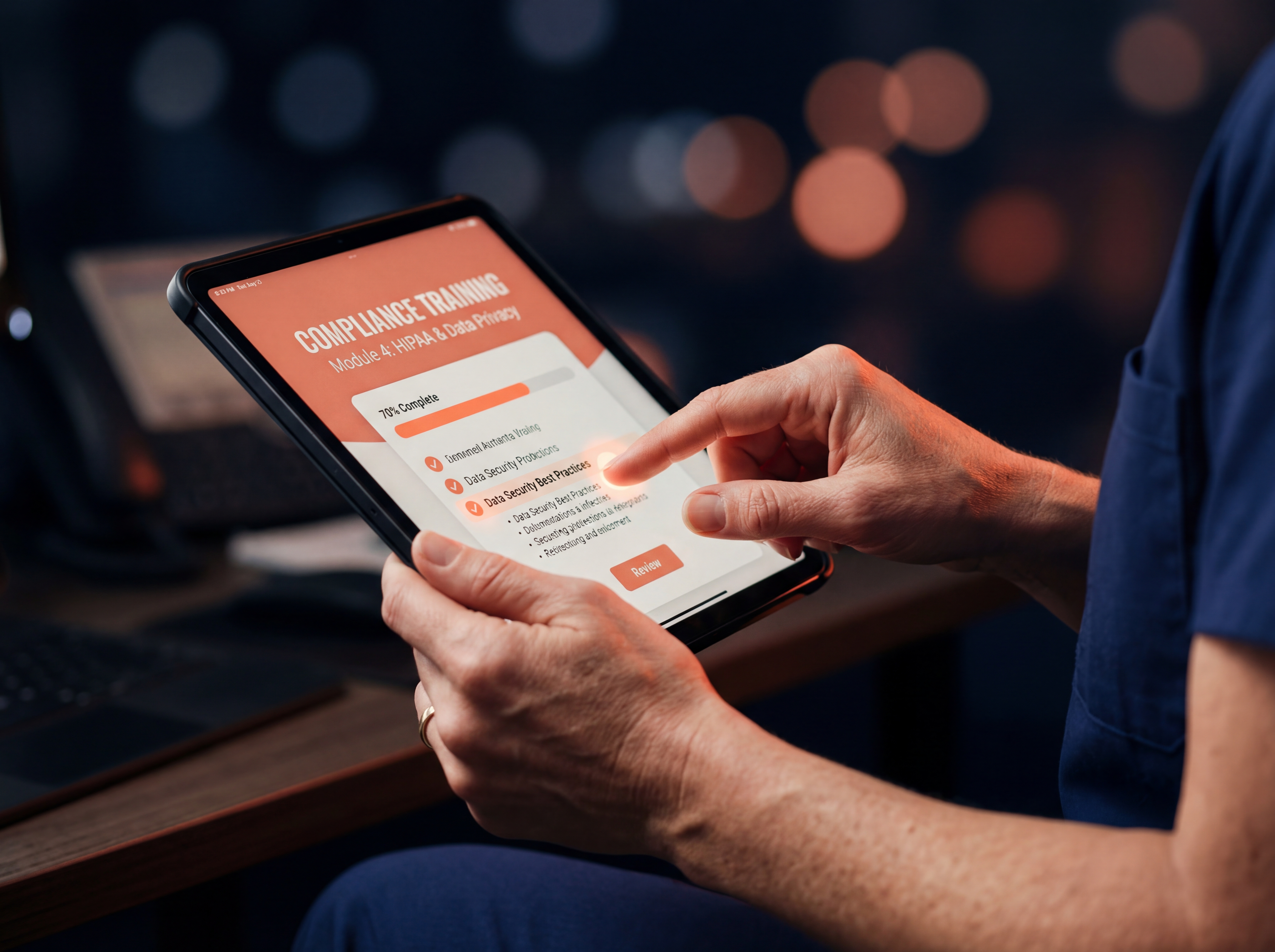 Healthcare professional in navy scrubs reviewing a compliance training module on a tablet device