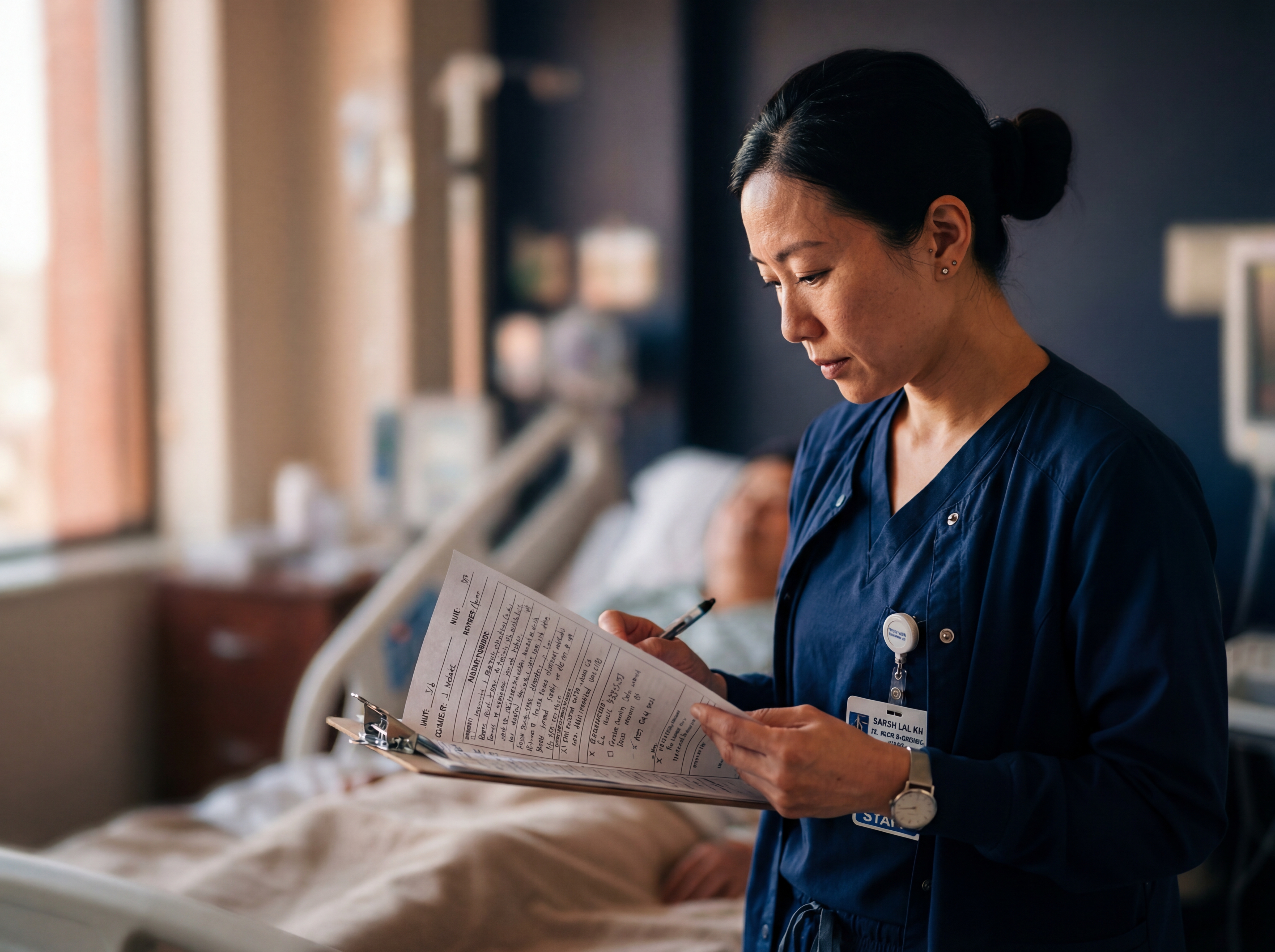 Nurse reviewing patient chart at bedside in a moment of clinical decision-making