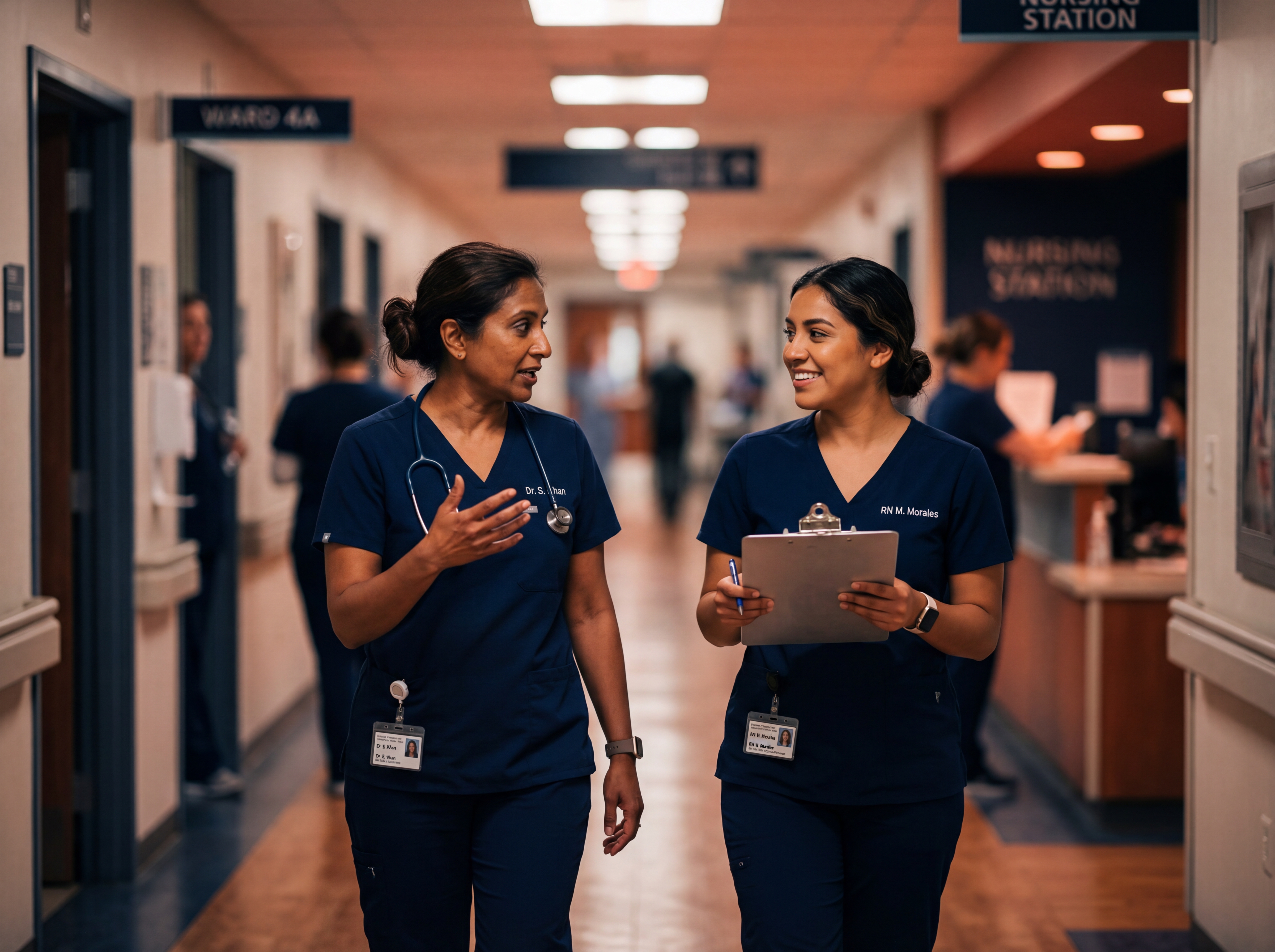 Two healthcare professionals walking together down a hospital corridor, mentor guiding new staff member