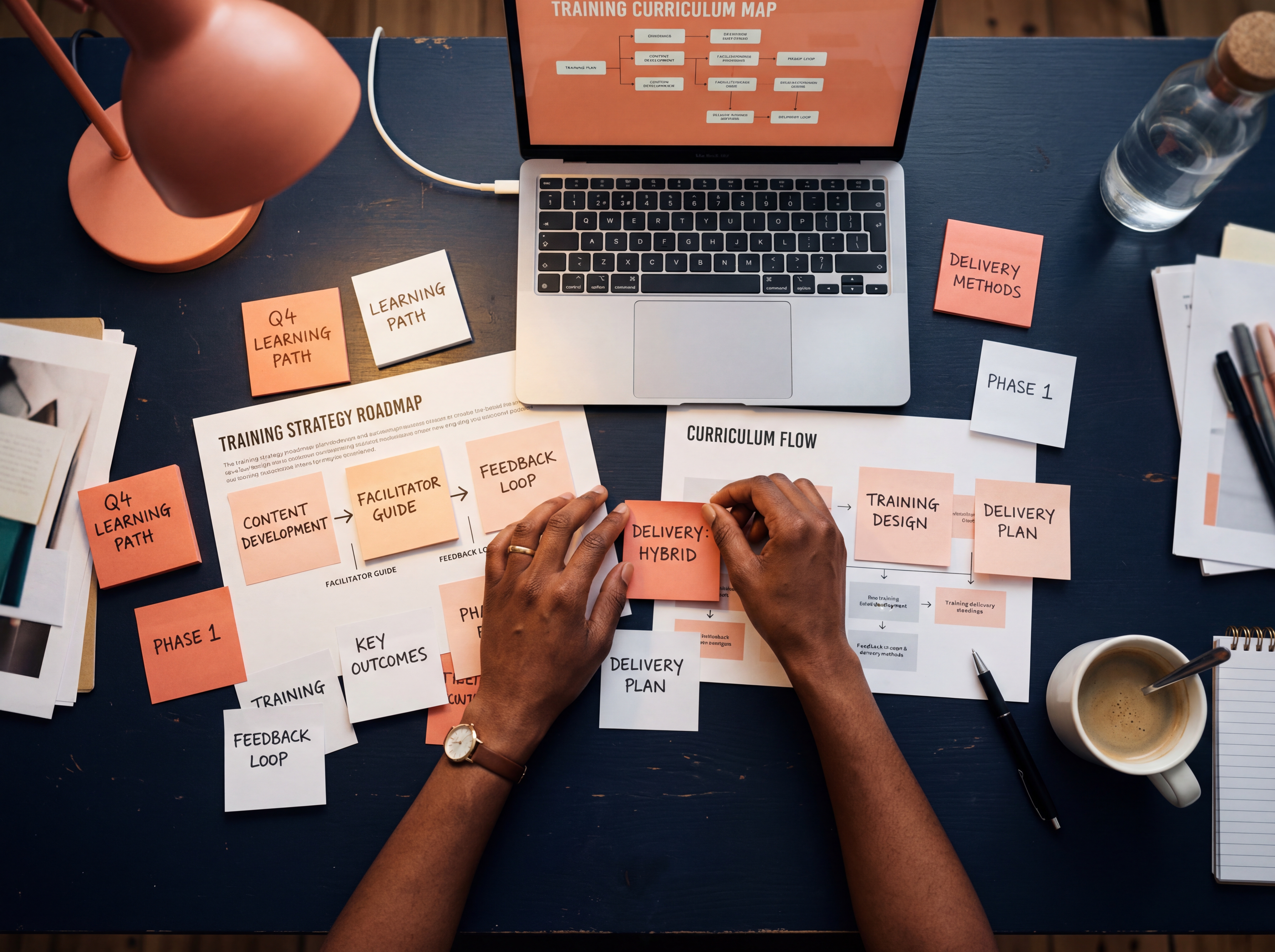 Overhead view of a training strategy planning session with curriculum roadmap, sticky notes, and learning framework documents on a dark desk