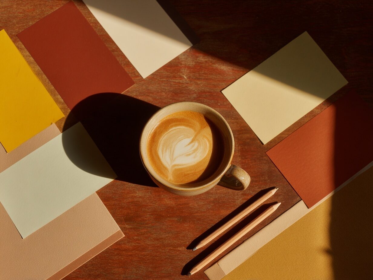 Brand direction - colour swatches and typography on warm wooden desk