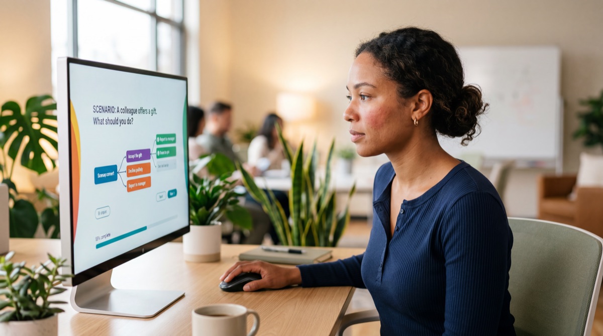 Learner focused on interactive eLearning module with branching scenario on screen