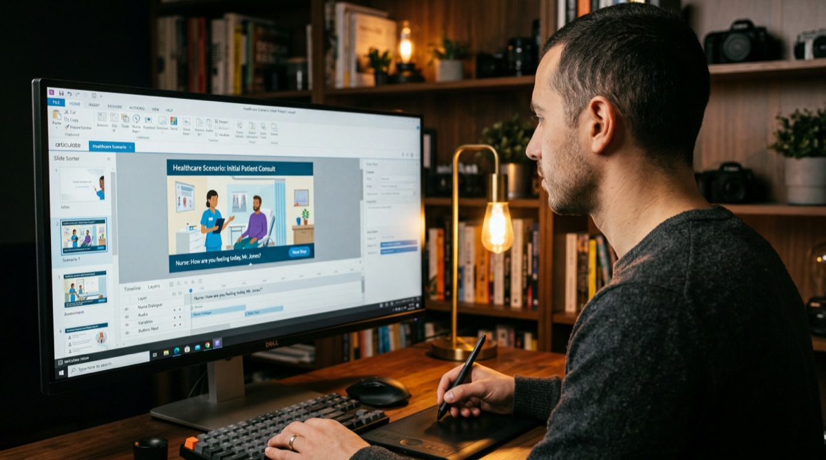 Designer building interactive eLearning module in authoring tool