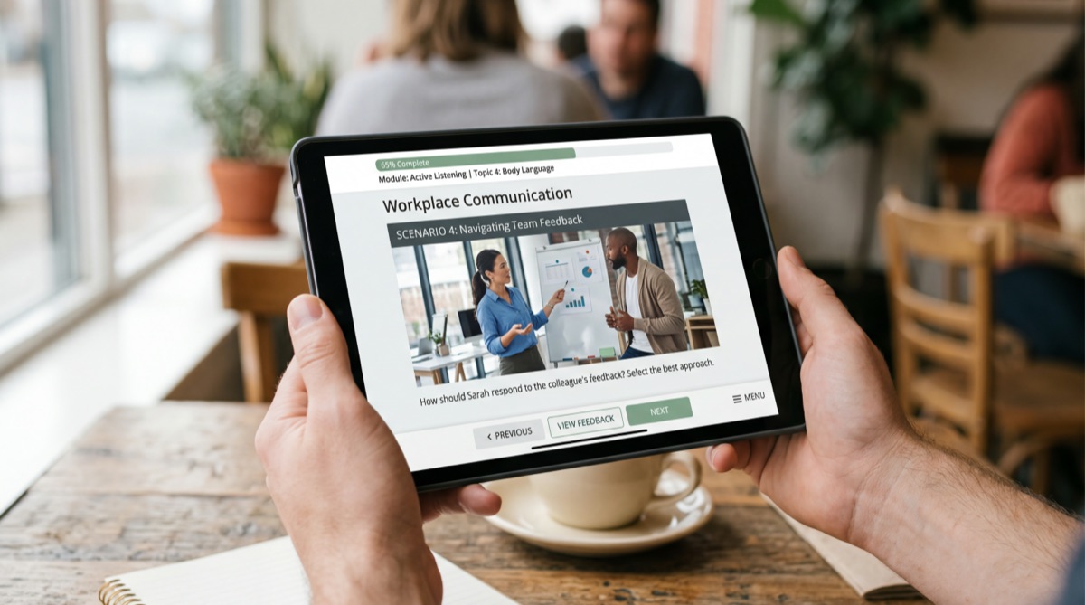 Tablet displaying responsive eLearning course in casual setting