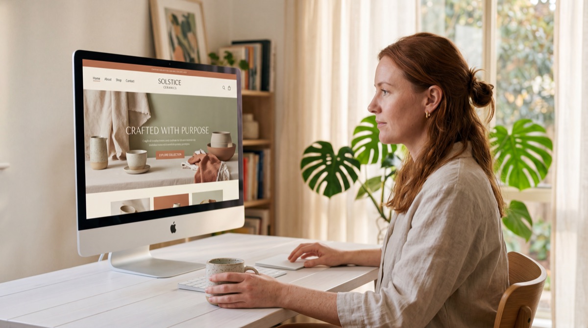 Client reviewing her finished website on iMac in bright home office