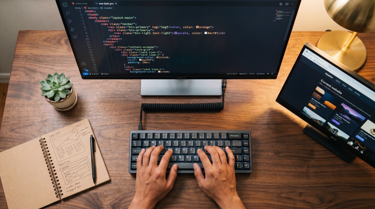 Developer coding website with HTML on screen and wireframe sketches