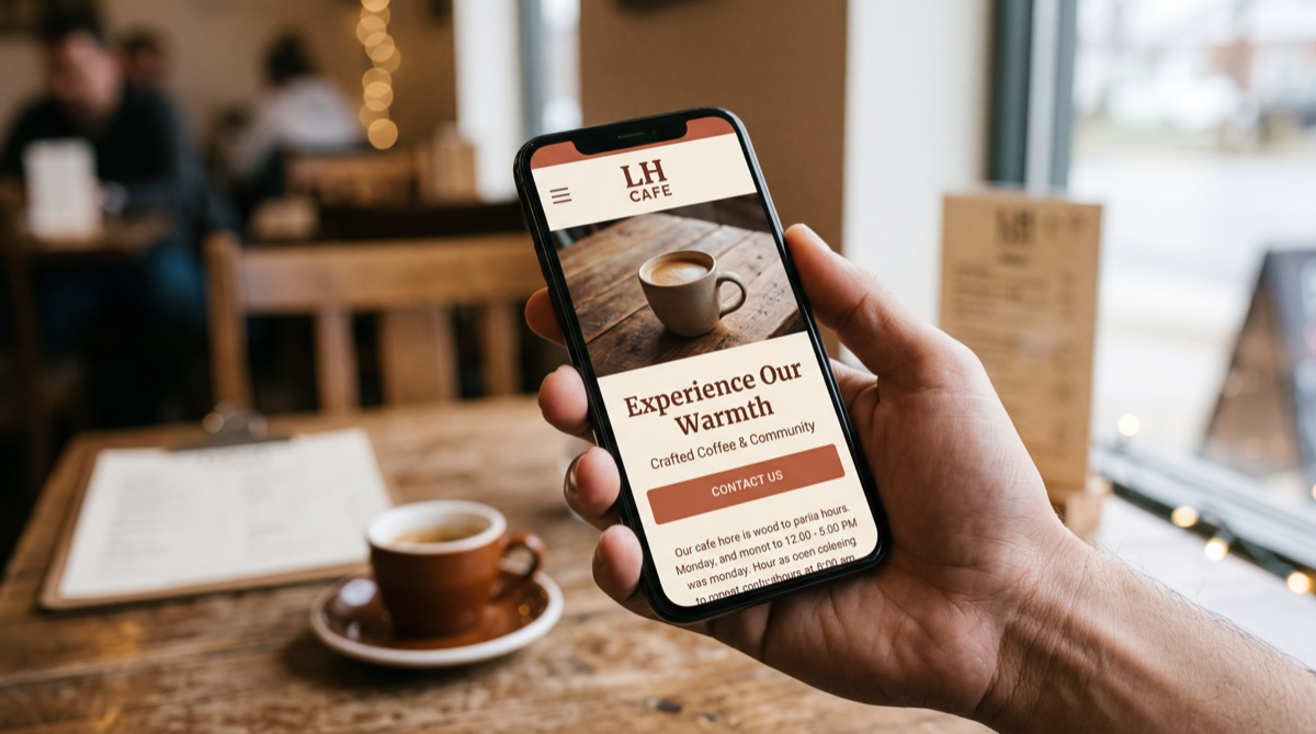 Phone displaying responsive mobile website in cafe setting
