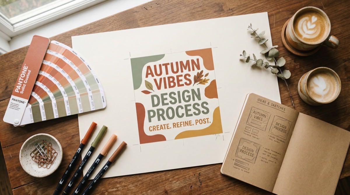 Flat lay of design workspace with Pantone swatches and social media post