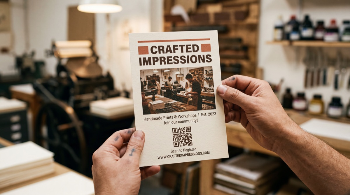 Hands holding freshly printed flyer with QR code in print studio