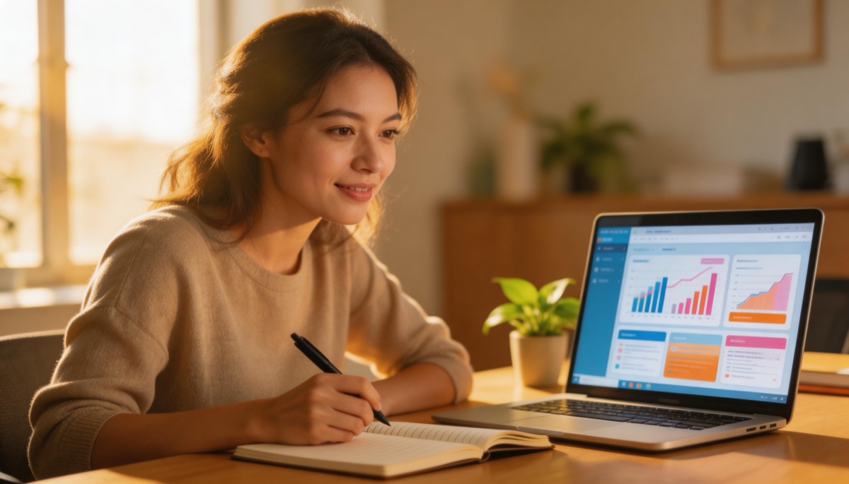 Learner engaged with interactive eLearning module on laptop, taking notes in warm office setting