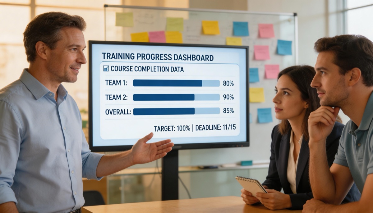 Training facilitator presenting completion data to engaged colleagues in modern meeting room