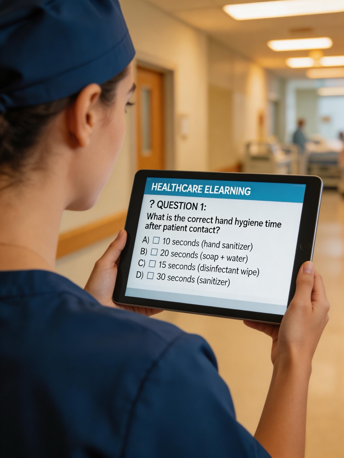 Healthcare worker completing eLearning compliance module on tablet in hospital corridor