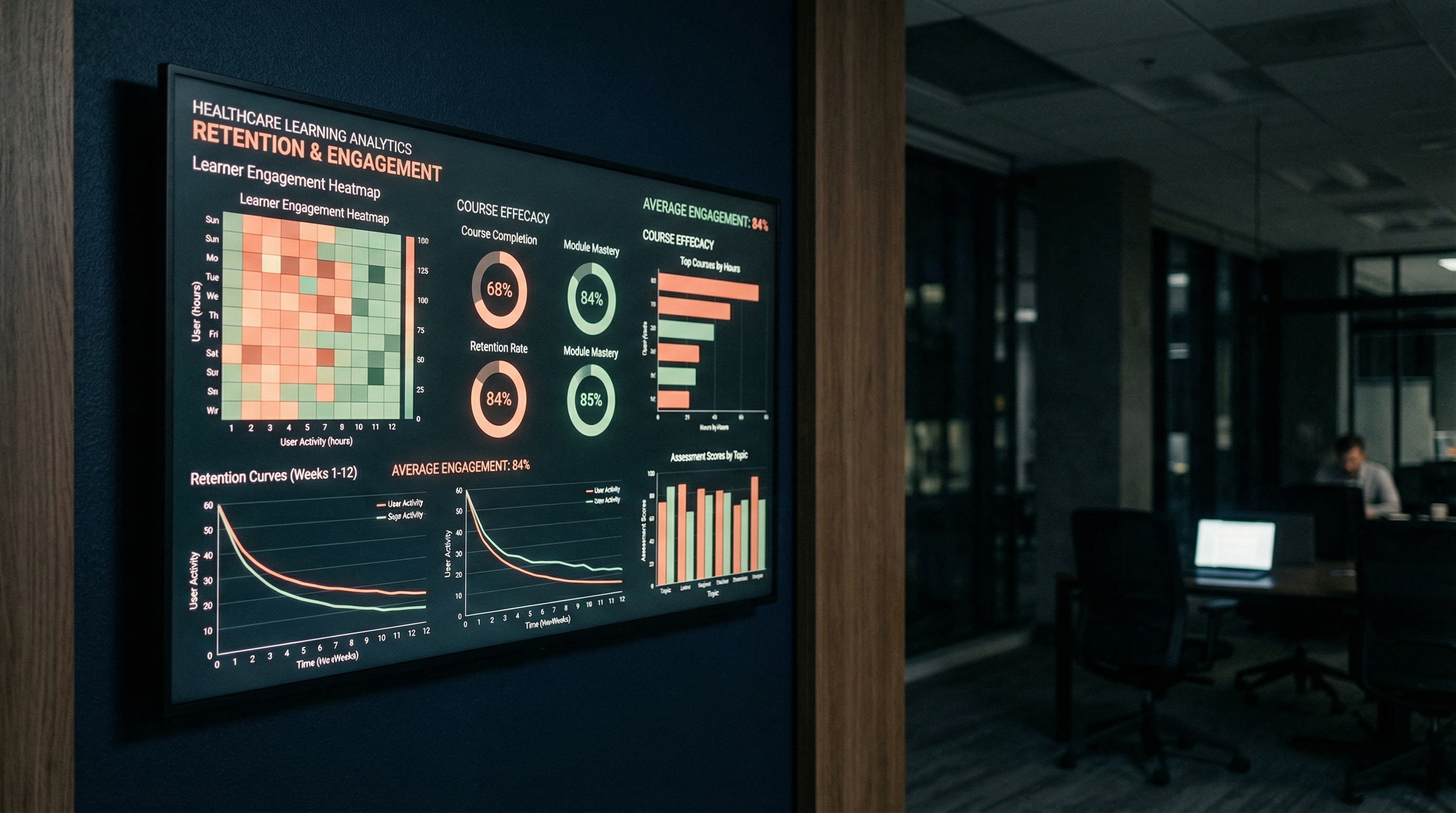 Healthcare learning analytics dashboard with engagement heatmaps and compliance tracking