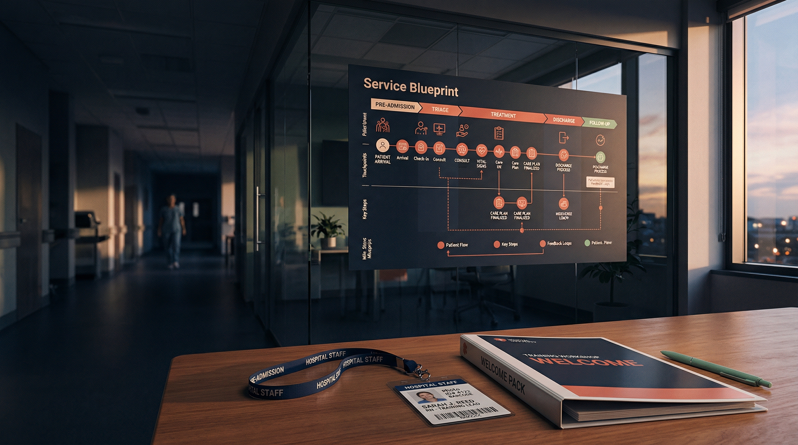 Healthcare onboarding service blueprint with journey phases and competency milestones