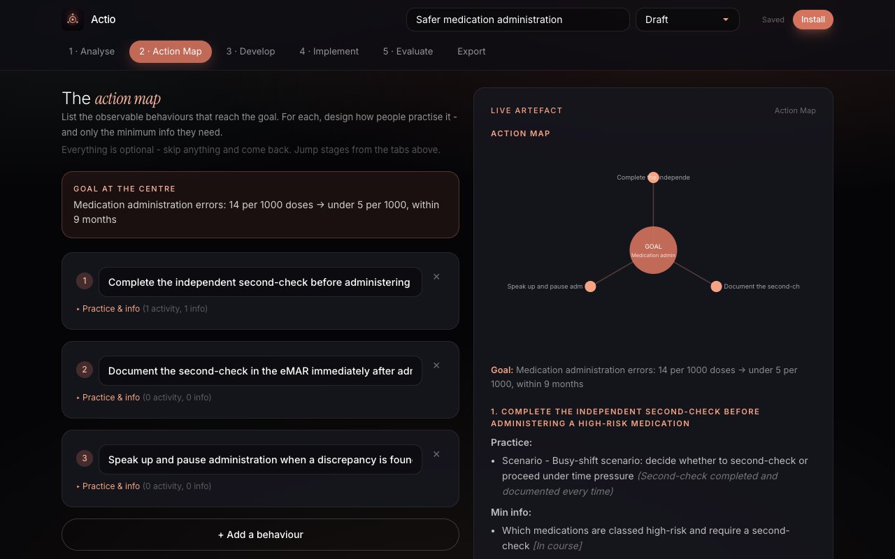 Actio - behaviour-first instructional design app showing a live action map