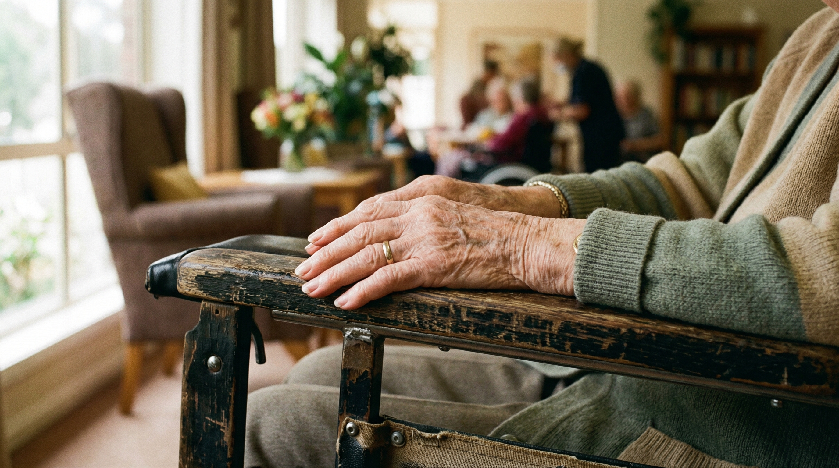 Elderly hands resting on the armrest of a wheelchair in soft natural light
