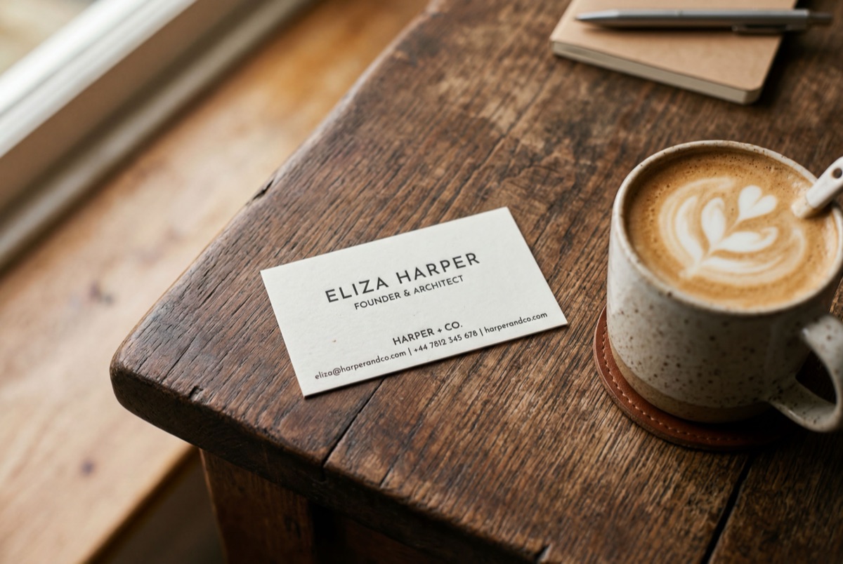 Business card on a wooden table next to a coffee cup, warm natural light
