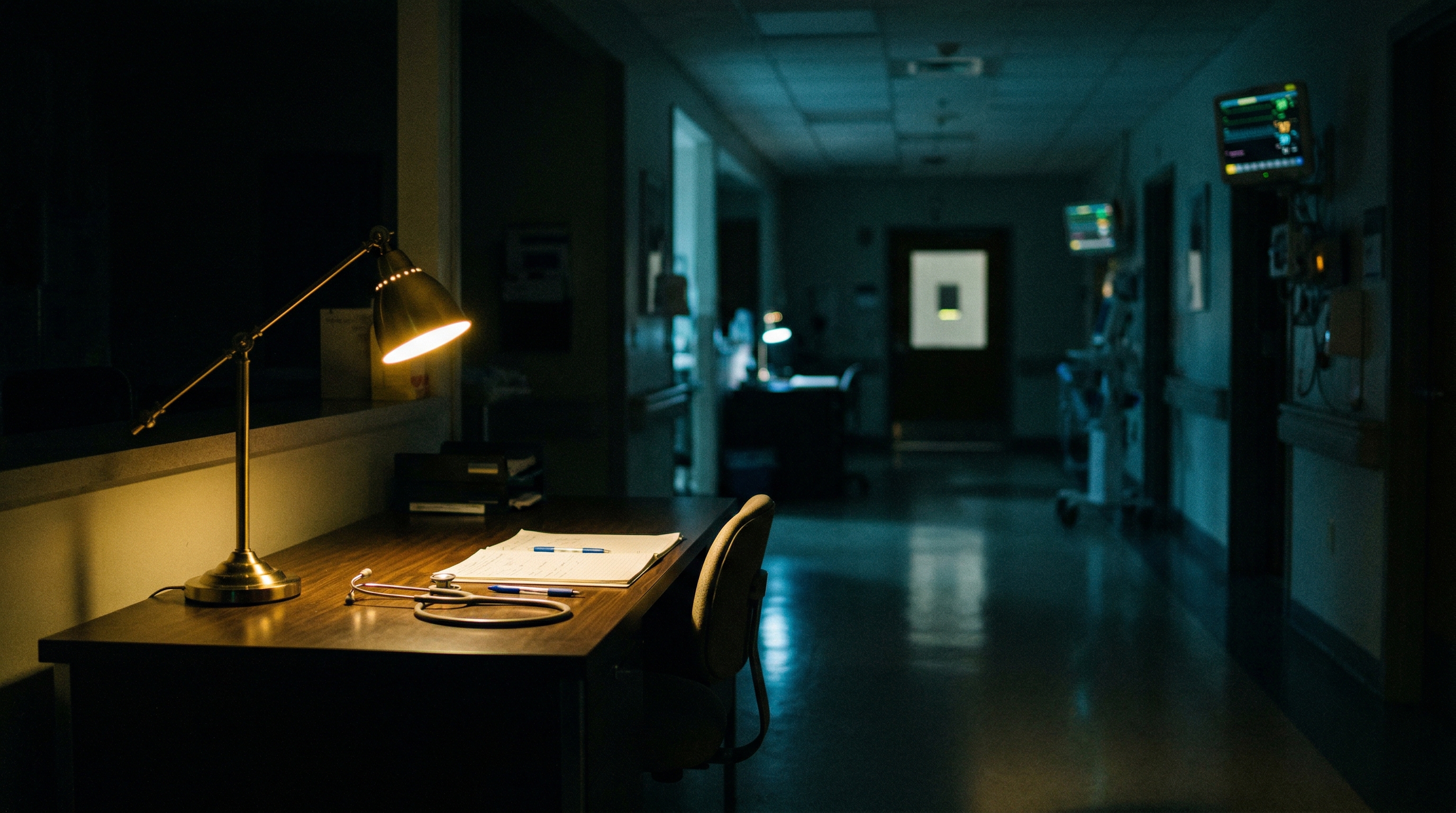Hospital ward workstation at night with a single desk lamp glowing against darkness
