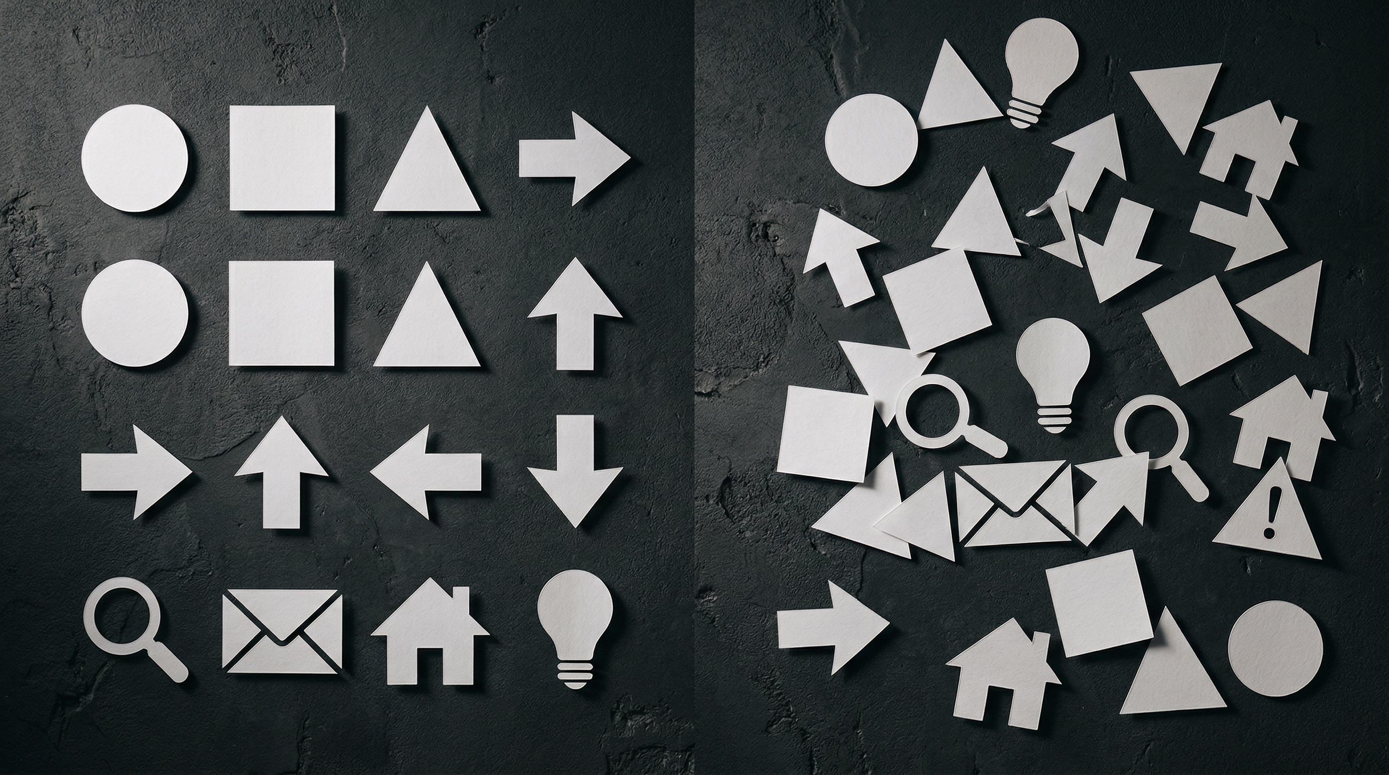 Paper icon shapes on dark surface - ordered grid on left, scattered chaos on right, showing system versus decoration