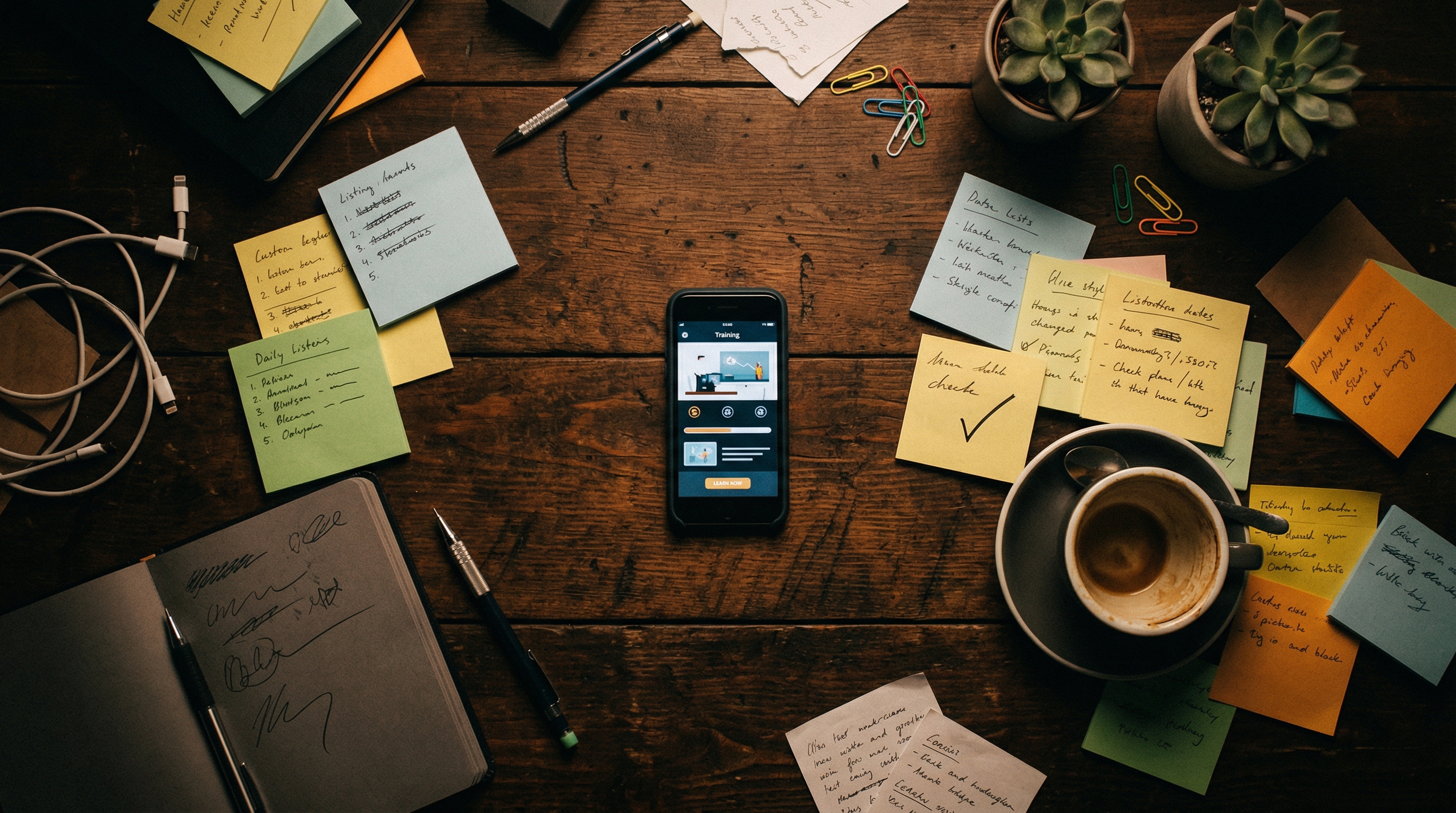 Minimal desk workspace with a single small card standing among scattered pages, sharp focus against soft blur