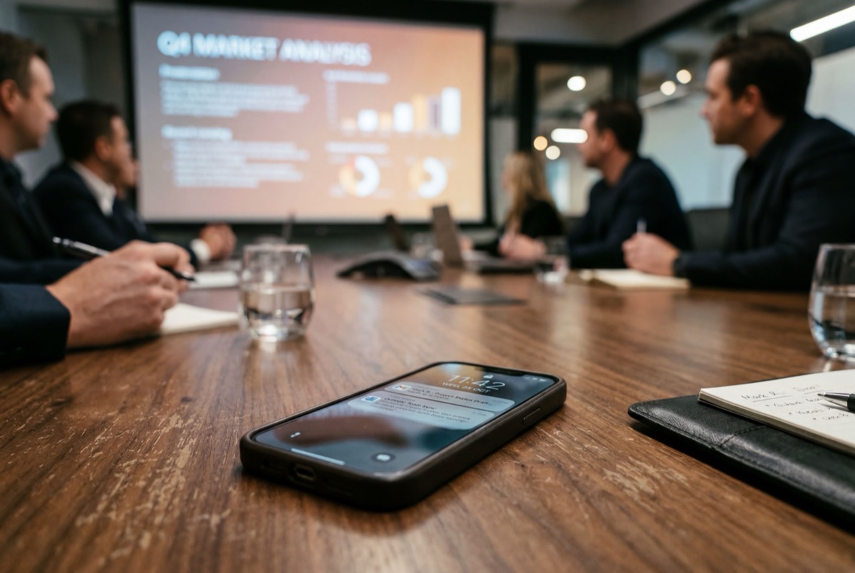 Close-up of a smartphone on a boardroom table, blurred presentation screen behind