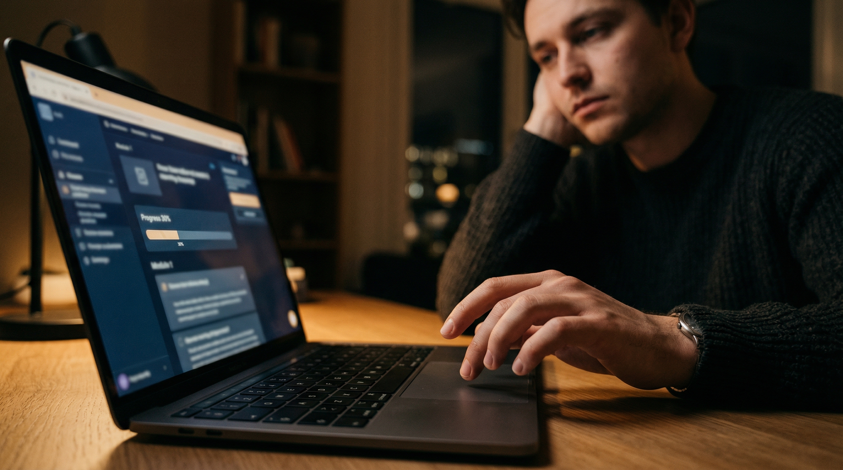 Hand hovering over laptop trackpad with a blurry eLearning interface and progress bar on screen
