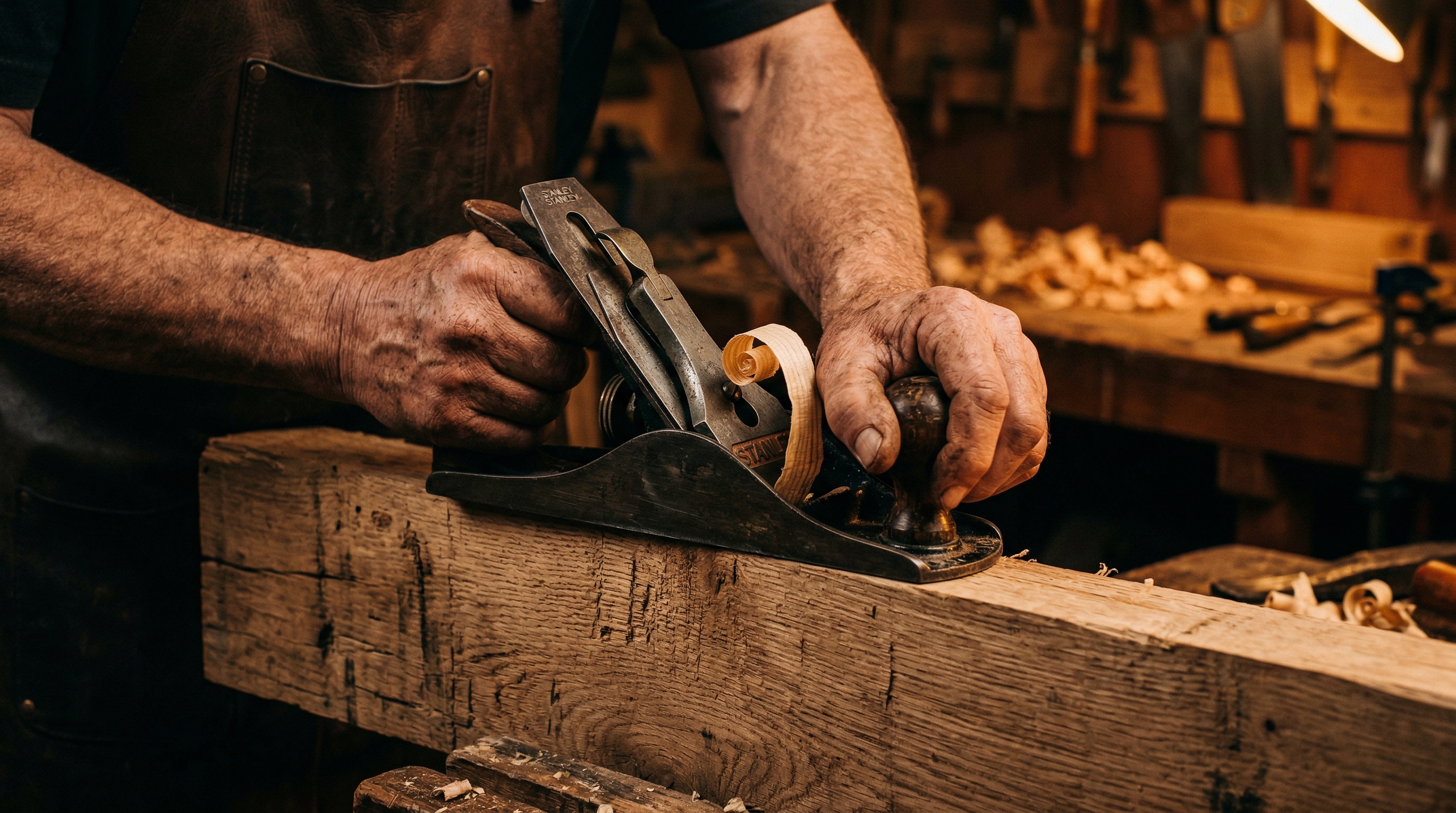 Craftsperson's hands using a hand plane on raw timber with wood shavings curling away in warm workshop light