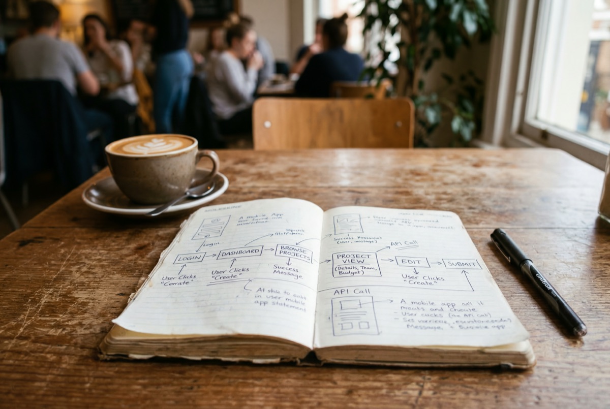 Notebook open on a cafe table with hand-drawn user flow diagram sketches