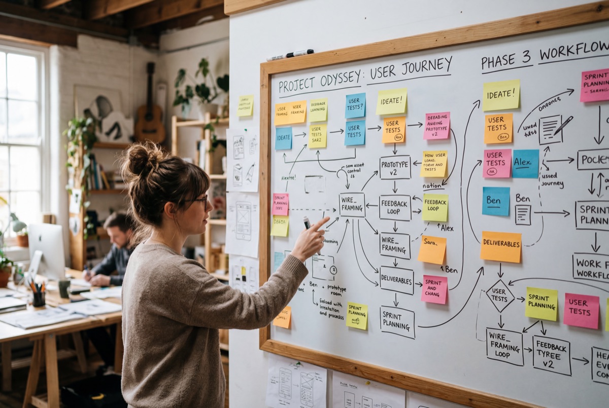 Whiteboard covered in post-it notes and flow diagrams in natural daylight
