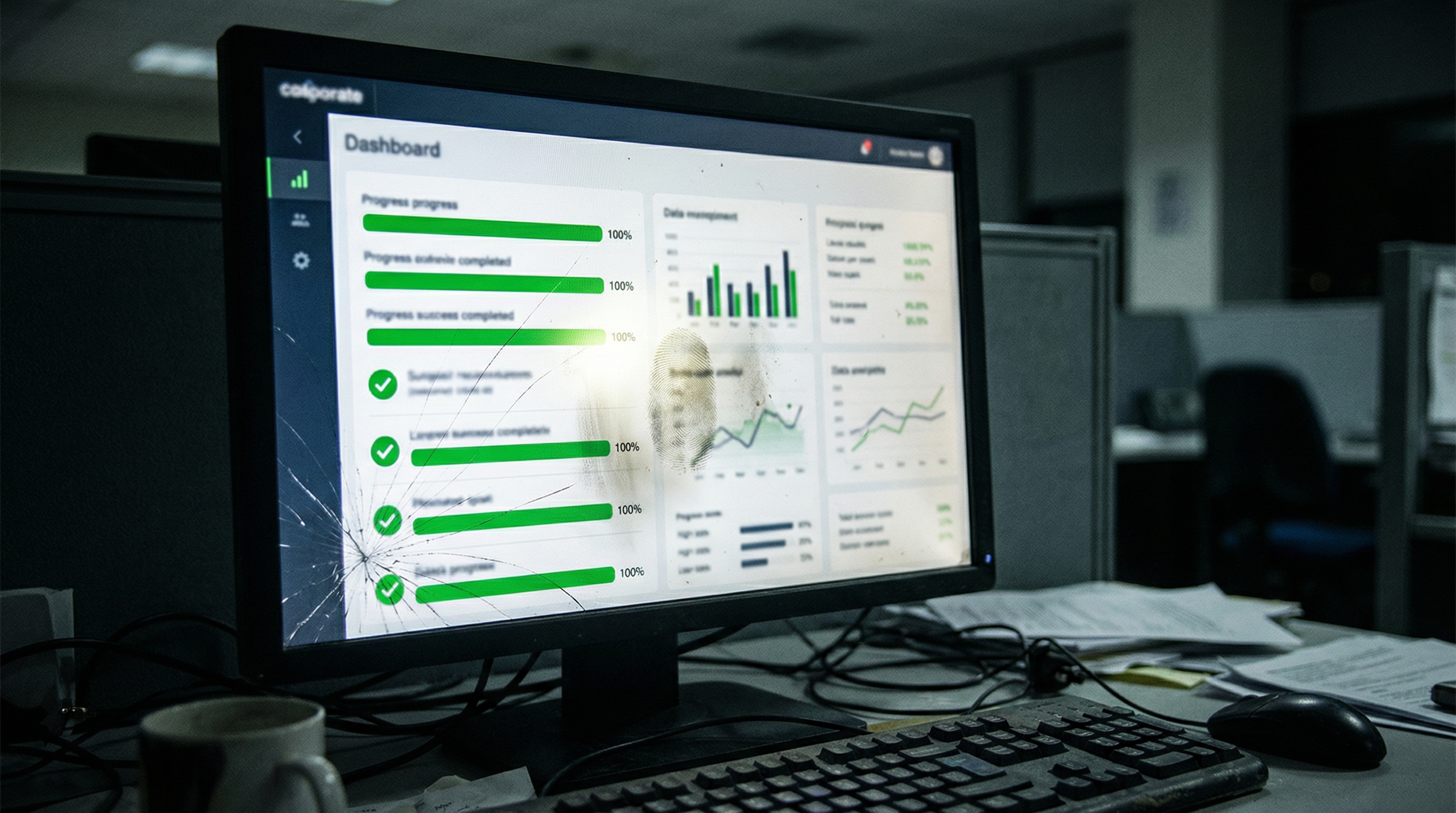 Close-up of a computer screen showing spreadsheet data and completion percentages in a dimly lit office