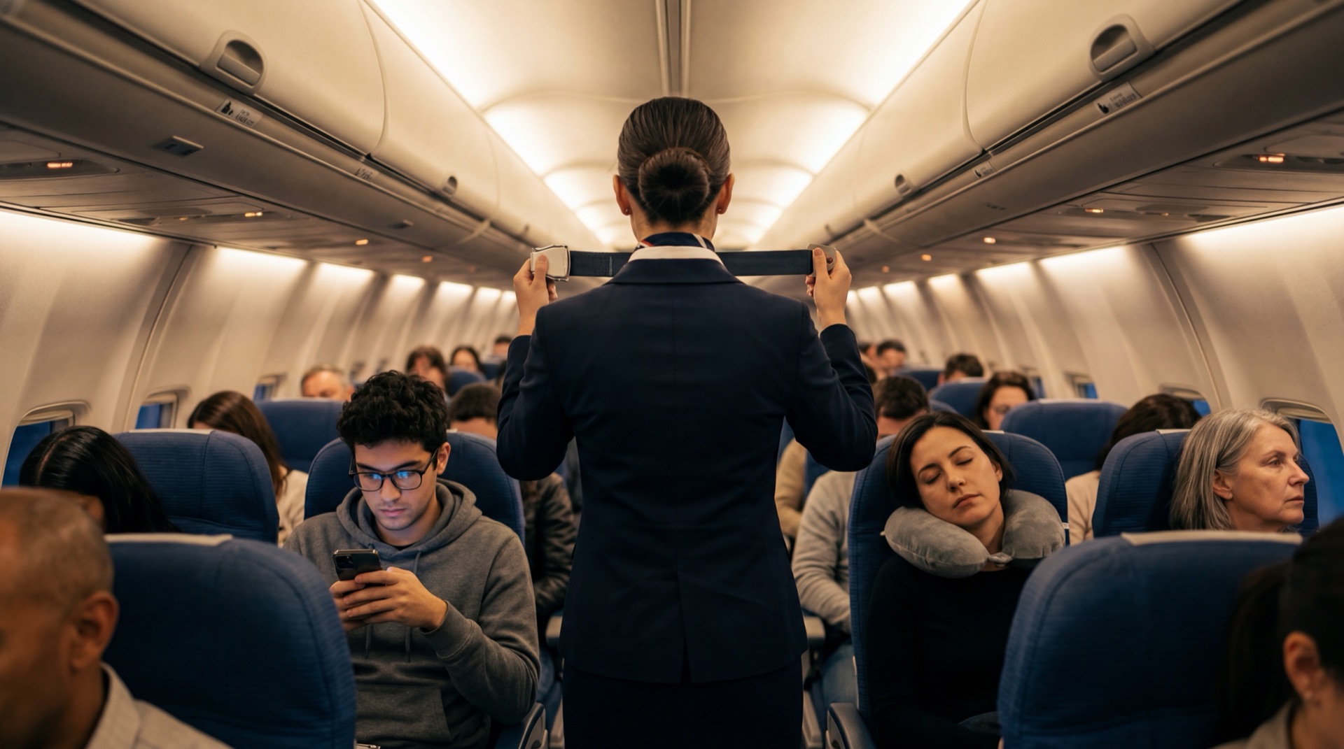 Flight attendant demonstrating safety procedures to an inattentive cabin