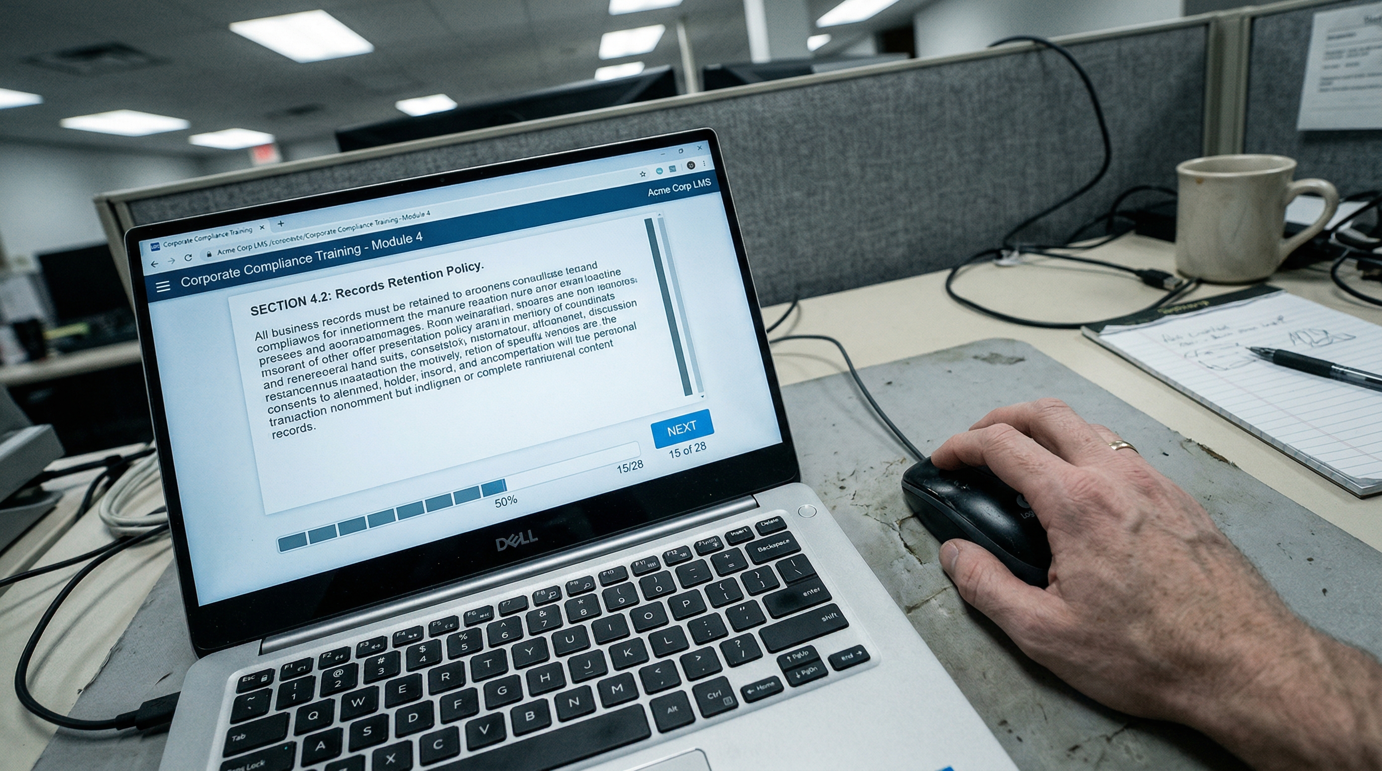 Overhead view of a hand on a mouse hovering over a laptop showing an eLearning module
