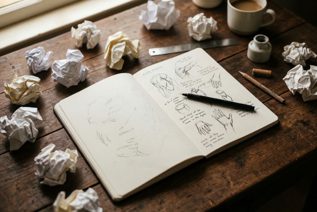 Crumpled paper scattered on a wooden desk around an open sketchbook