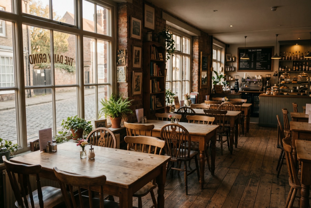 Empty cafe interior with tables and chairs in warm afternoon light