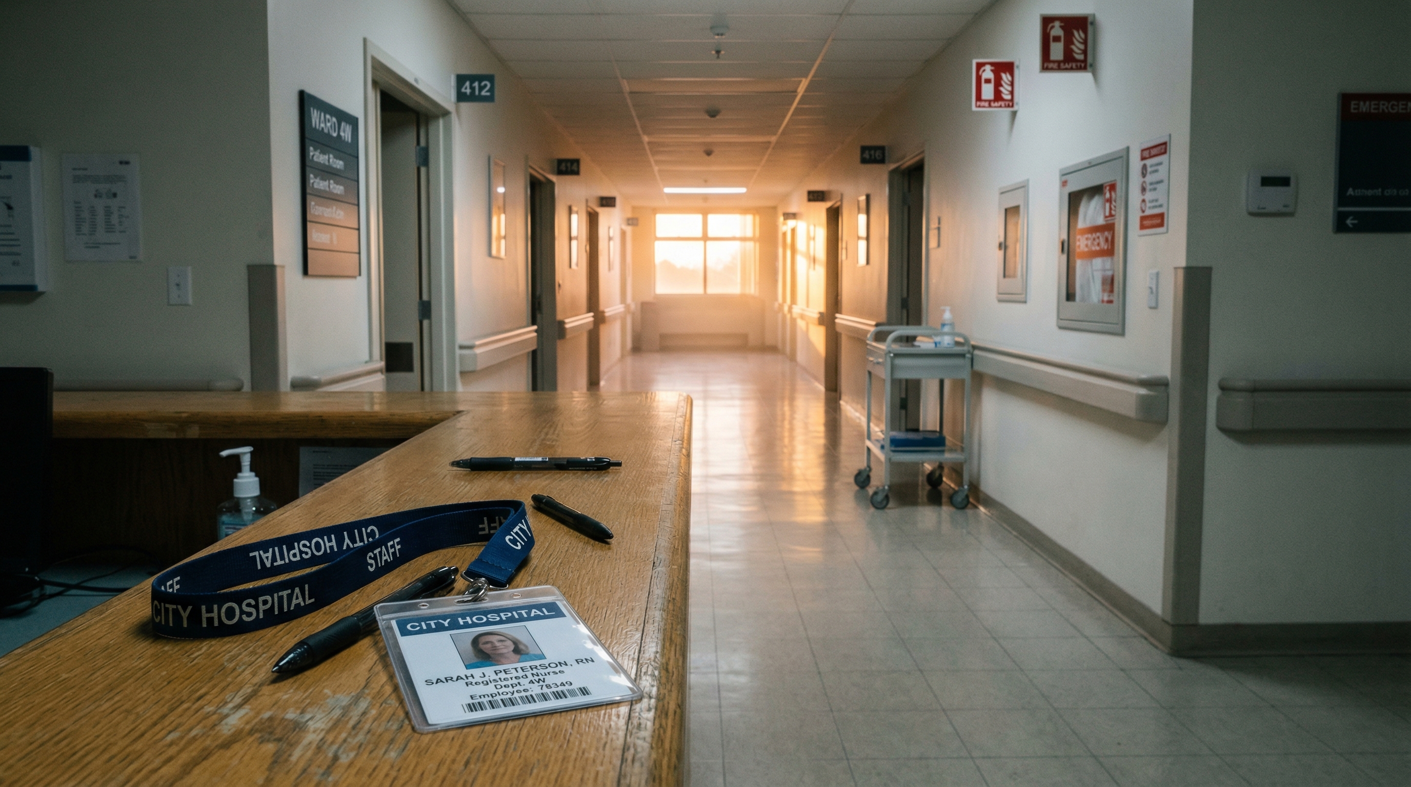 Empty hospital corridor at dawn with a lanyard and ID badge left on a nurses station desk