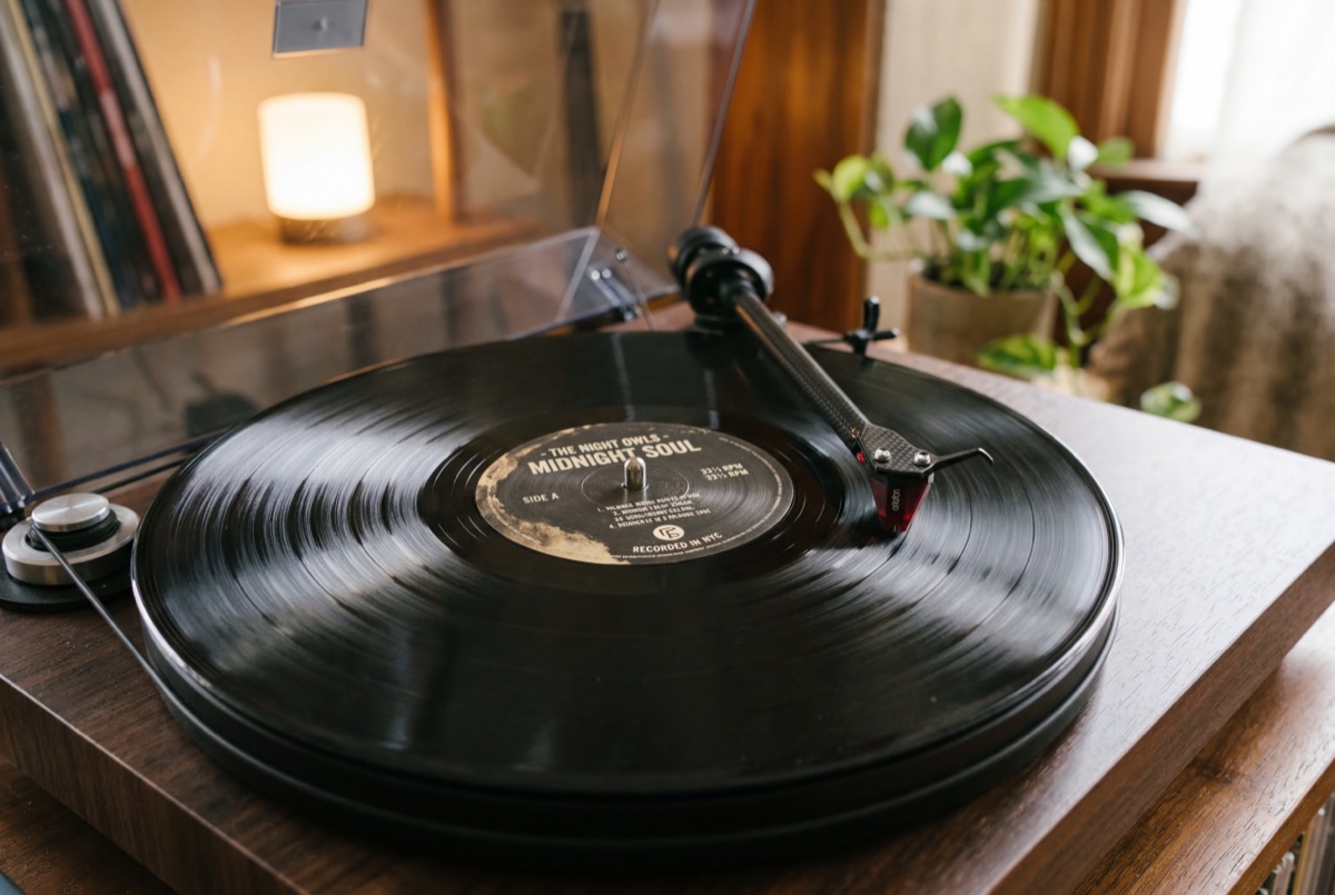 Close-up of a vinyl record on a turntable in warm room light