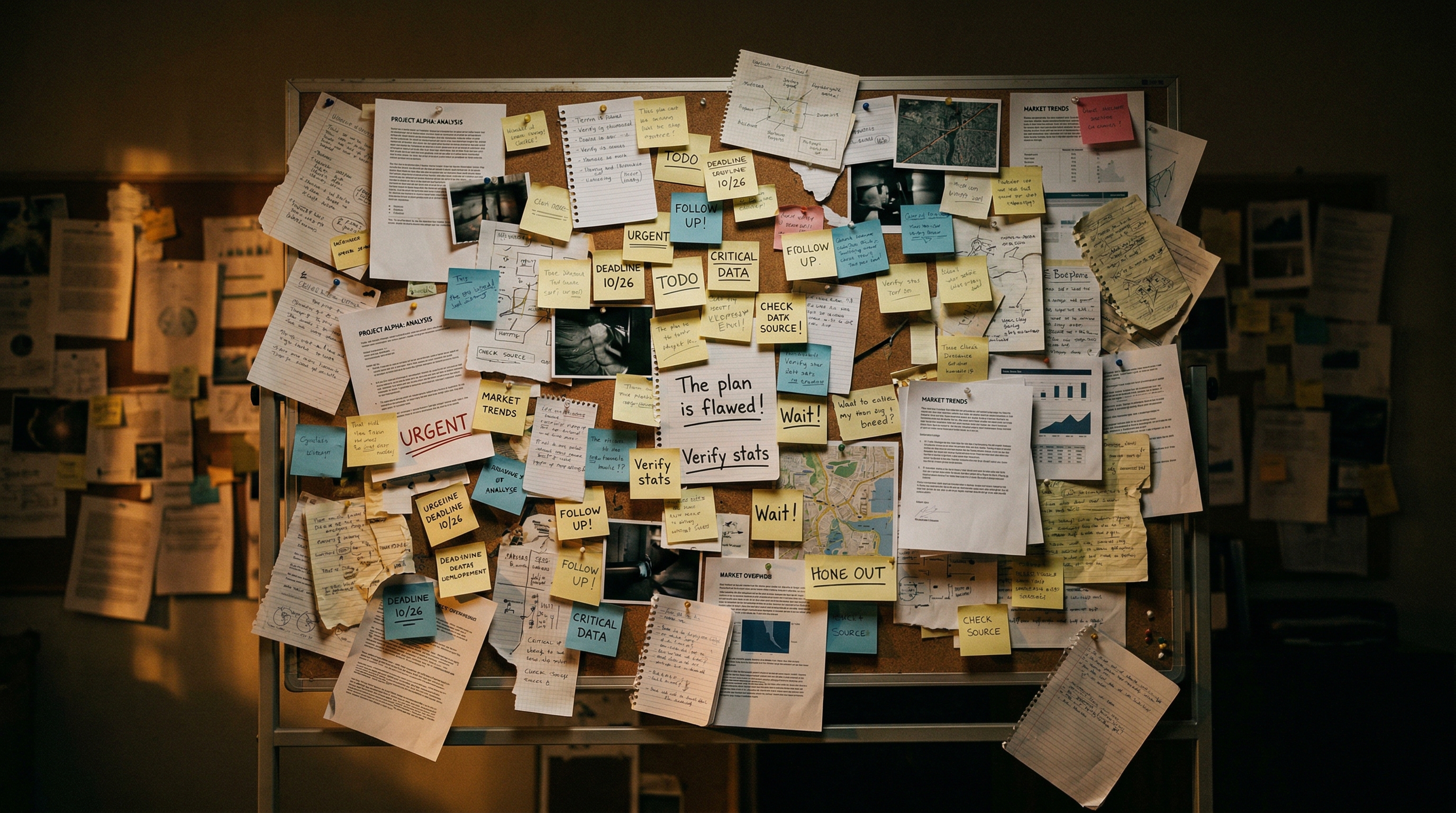 Wall of sticky notes and documents pinned chaotically to a corkboard, information overload