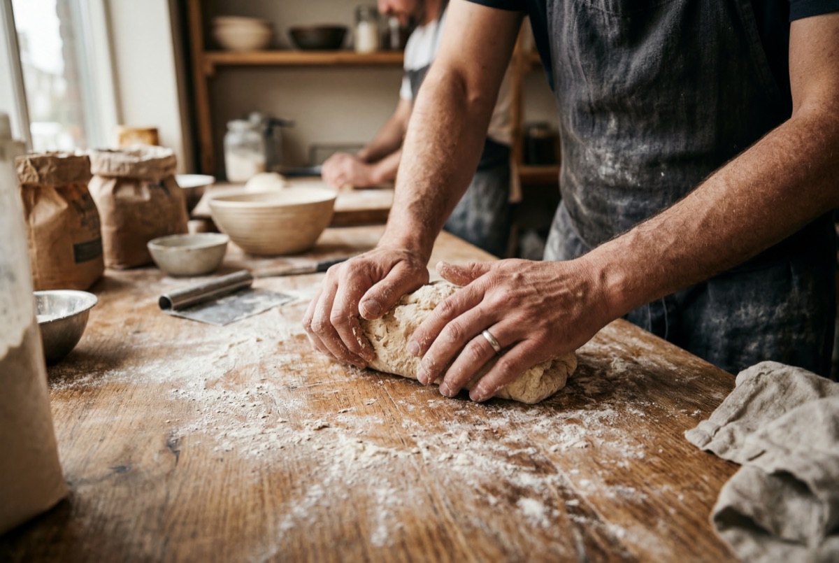 Hands kneading bread dough on a floured wooden surface, warm natural light