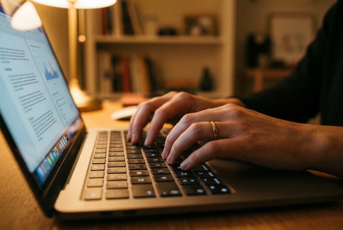 Close-up of hands typing on a laptop, warm desk lamp casting a soft glow