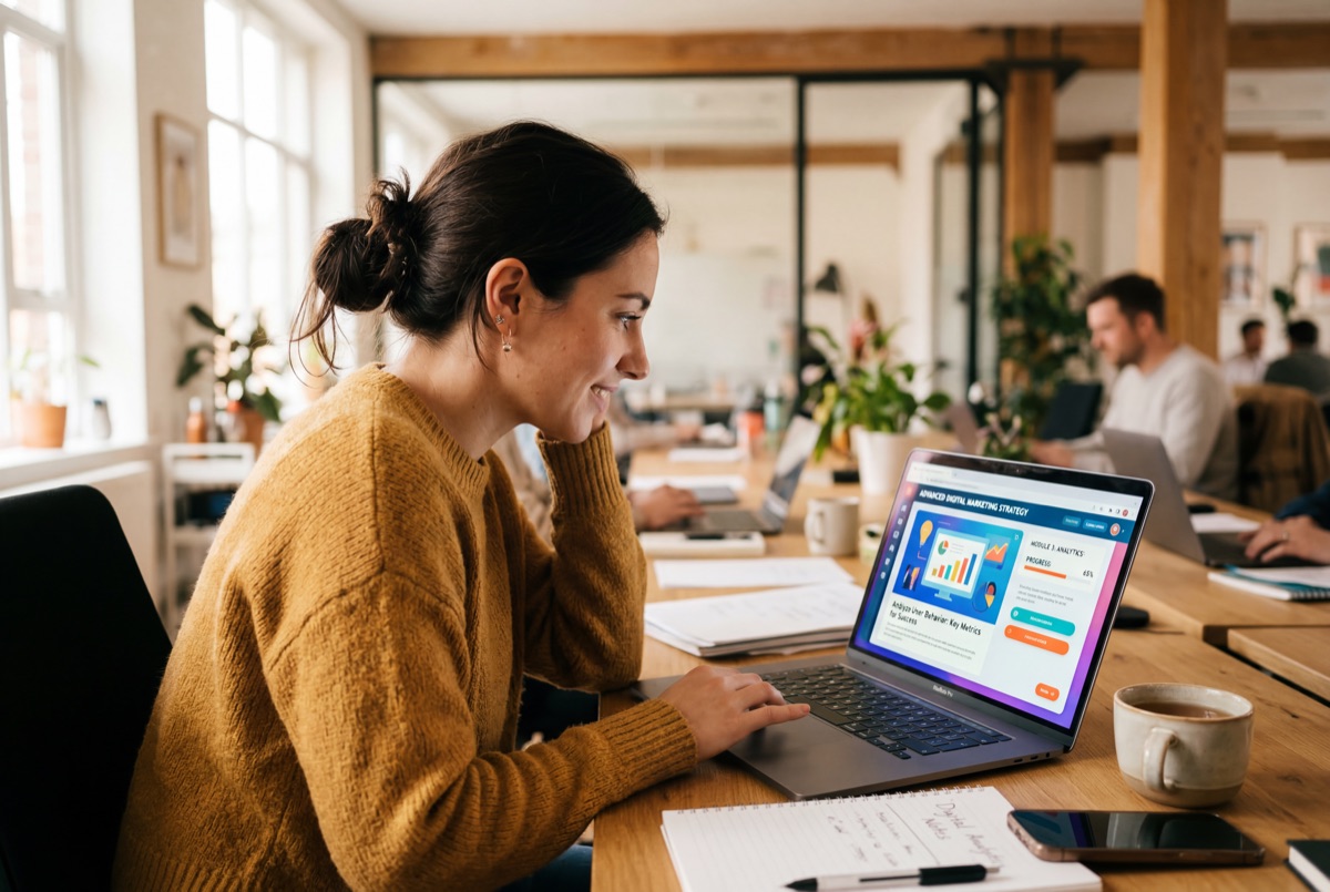 Person leaning forward engaged with a colourful interactive eLearning module on a laptop in a bright modern office