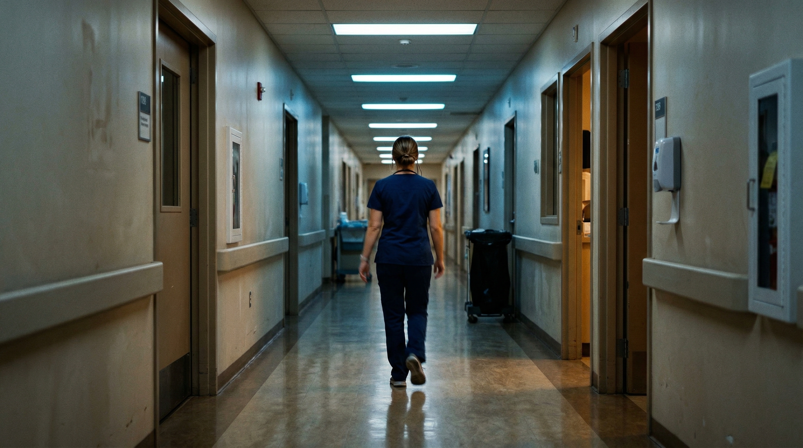 Blurred figure of a nurse walking down an empty hospital corridor under harsh fluorescent lighting at night
