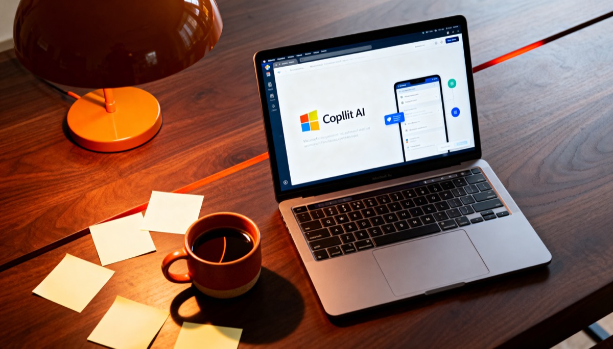 Copilot Foundations – workspace with laptop and warm lighting
