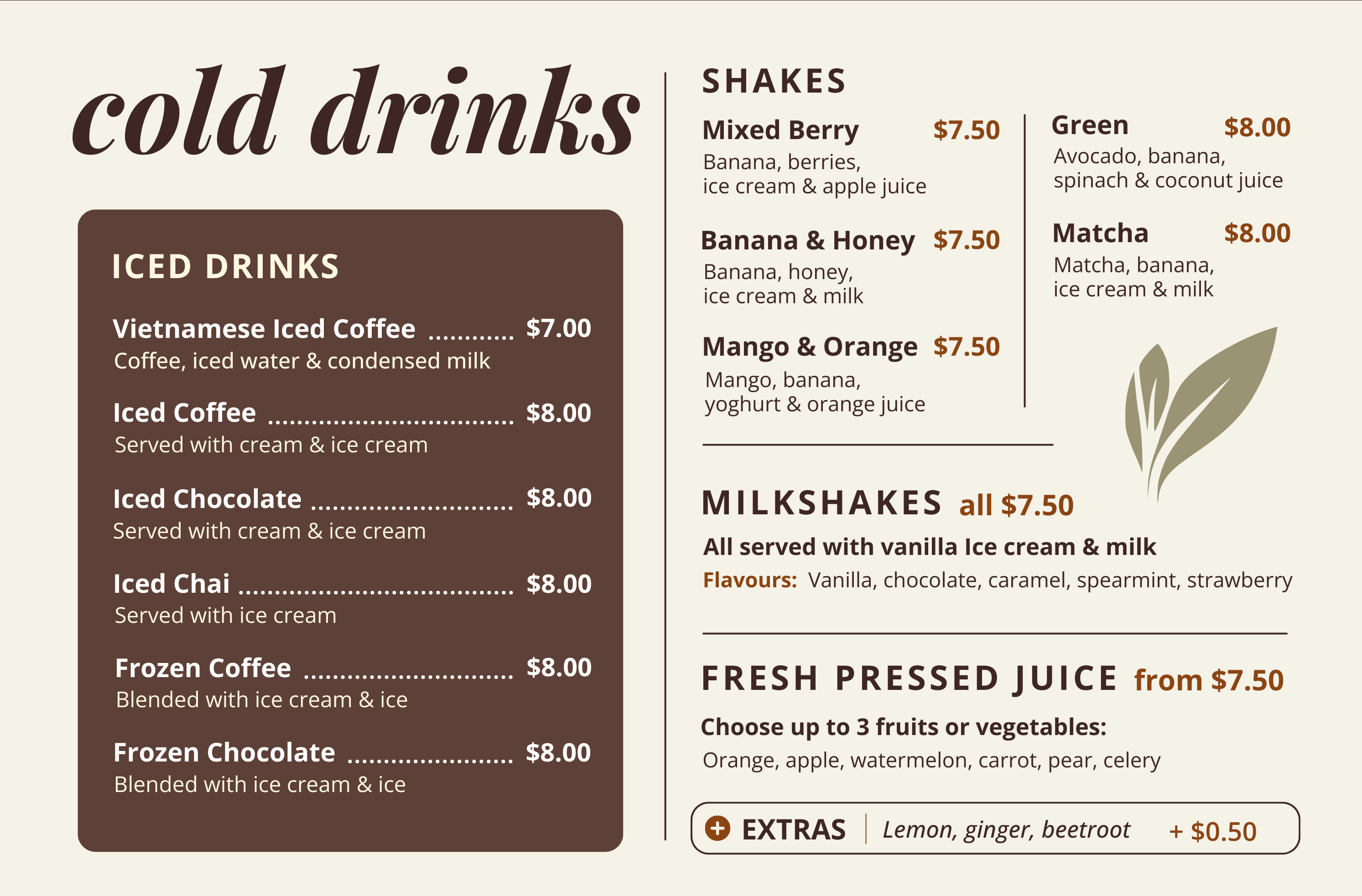 Nourished Cafe Cold Drinks Menu