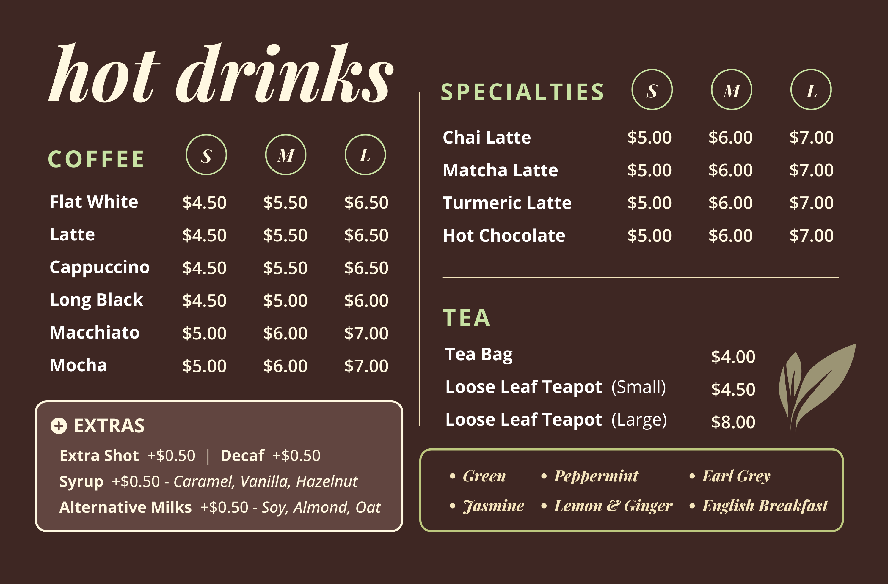 Nourished Cafe Hot Drinks Menu